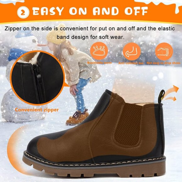 Kids Black Waterproof Lightweight Fur Lined Ankle Boots Baby Winter Shoes - Picture 4 of 7